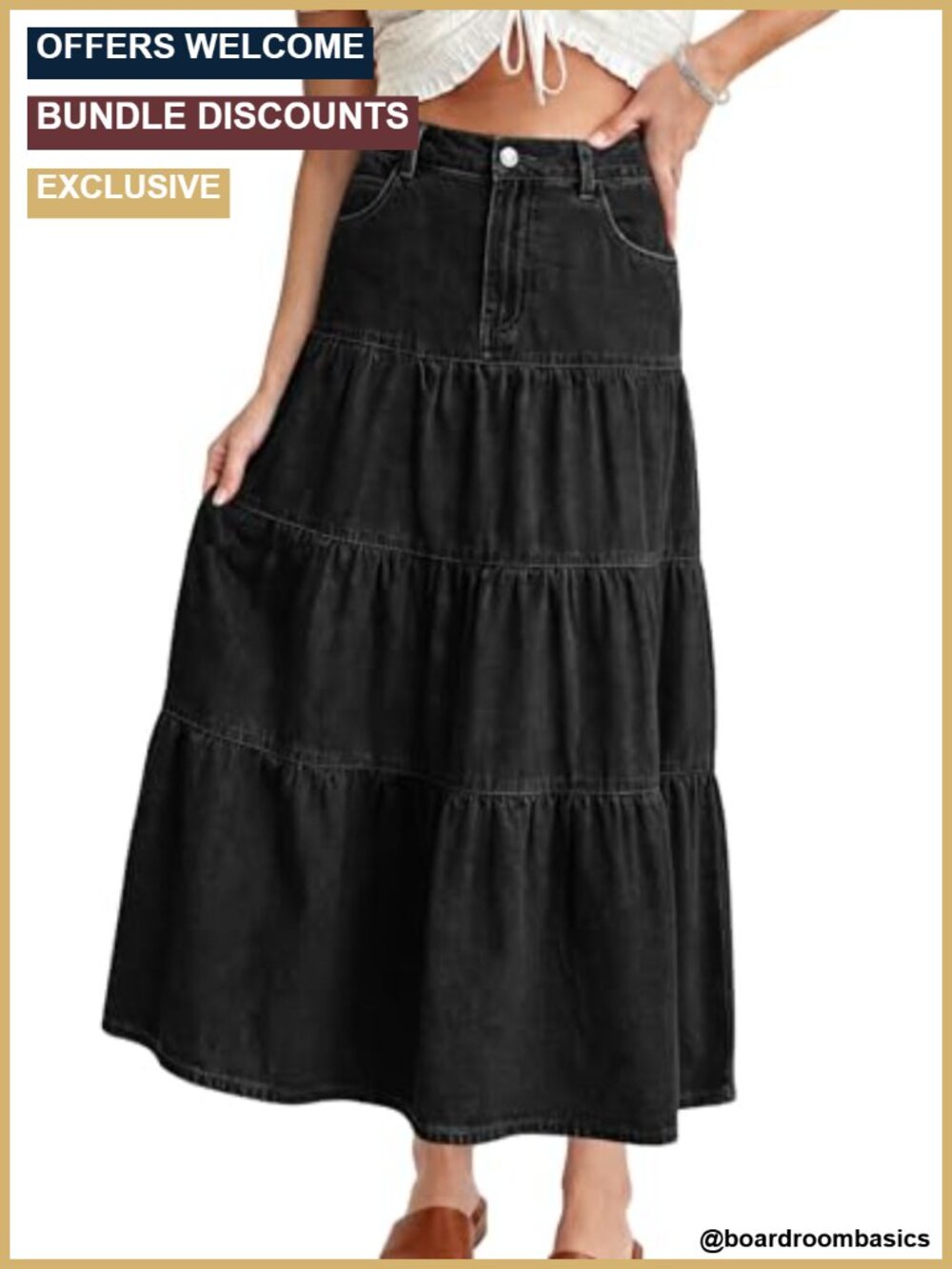 Tiered High Waist Denim Maxi Skirt A-Line Ruffle Hem Pockets